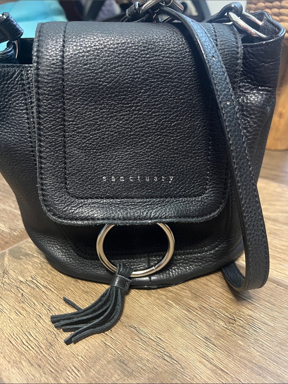 Sanctuary Black Pebbled Leather Crossbody Bag with Ring Tassel